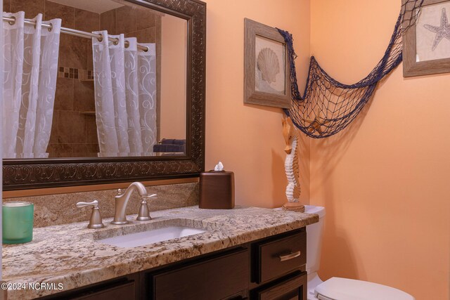 bathroom with vanity, toilet, and curtained shower