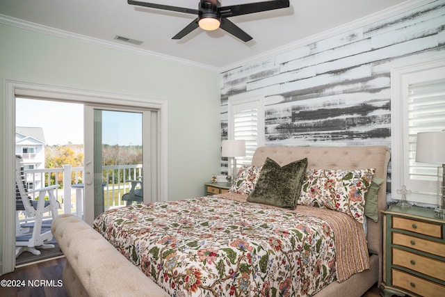 bedroom with access to outside, crown molding, hardwood / wood-style flooring, and ceiling fan