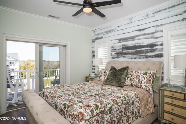 bedroom with access to exterior, crown molding, multiple windows, and a ceiling fan