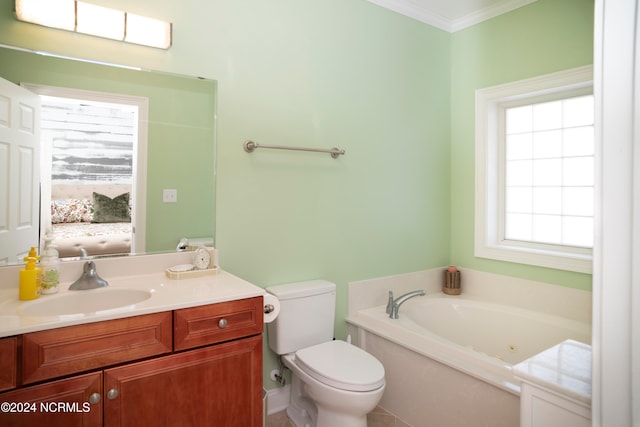 bathroom featuring vanity, ornamental molding, toilet, and a bath