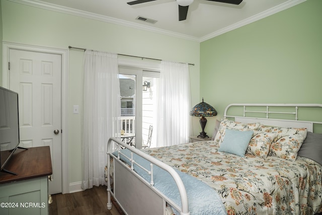 bedroom with ornamental molding, dark wood-type flooring, ceiling fan, access to exterior, and baseboards