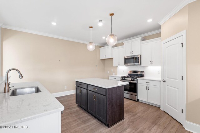 46 Covey Ct, Hampstead, NC 28443 - kitchen with a sink, white cabinetry, ornamental molding, and stainless steel appliances