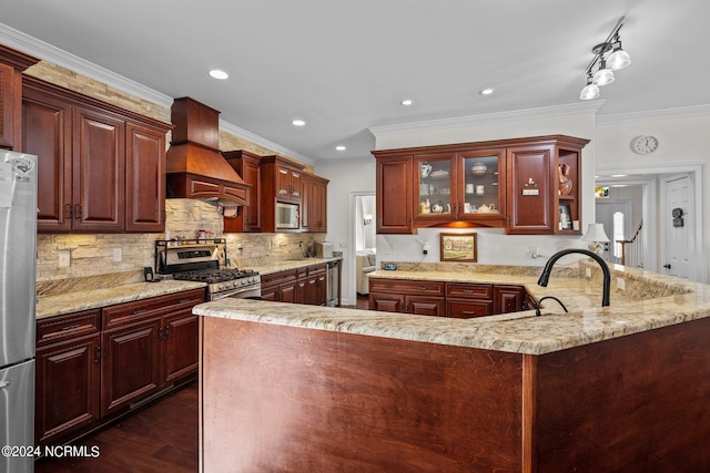 kitchen featuring dark wood-type flooring, ornamental molding, sink, custom exhaust hood, and appliances with stainless steel finishes