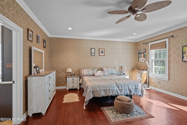 bedroom featuring crown molding, dark wood-type flooring, and ceiling fan