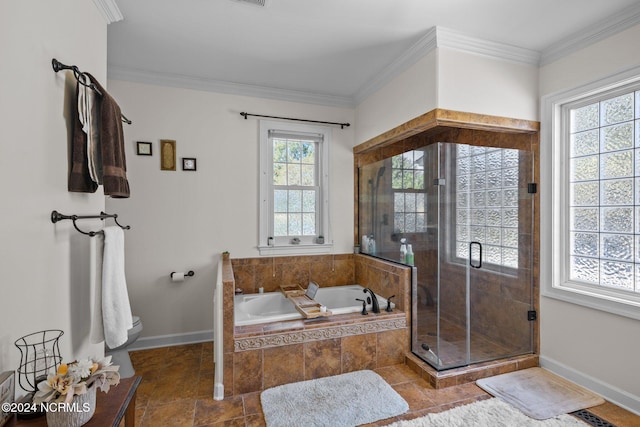 bathroom featuring a healthy amount of sunlight, independent shower and bath, and ornamental molding