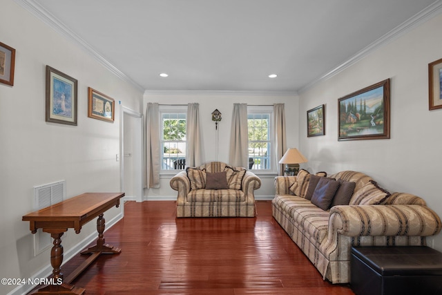 living room with ornamental molding and dark wood-type flooring