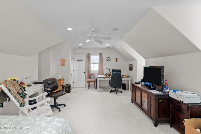 carpeted bedroom with lofted ceiling and ceiling fan