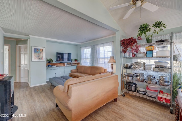 living room featuring crown molding, wood ceiling, hardwood / wood-style flooring, ceiling fan, and vaulted ceiling