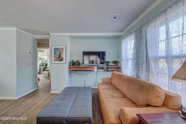 living room featuring hardwood / wood-style flooring and ornamental molding