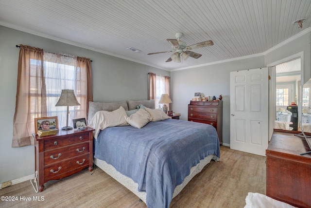 bedroom featuring crown molding, ceiling fan, multiple windows, and light hardwood / wood-style flooring