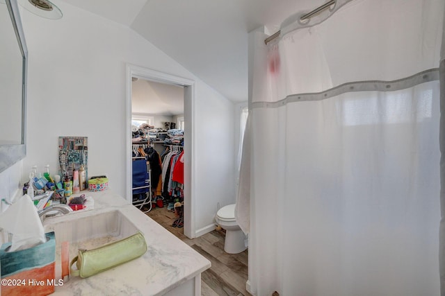 bathroom with wood-type flooring, toilet, vaulted ceiling, and vanity