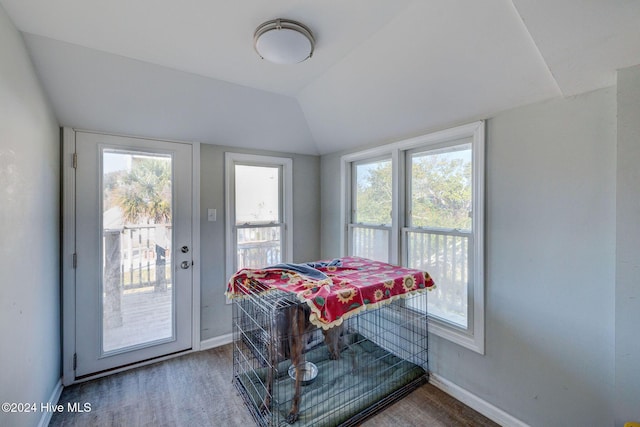 dining area with lofted ceiling, hardwood / wood-style flooring, and a healthy amount of sunlight