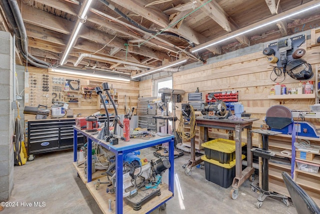 basement with a workshop area