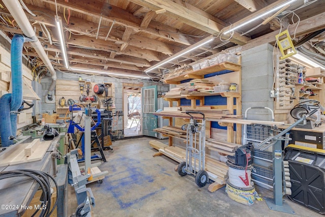 basement with a workshop area