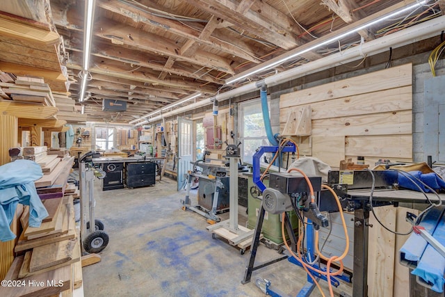 basement with a workshop area