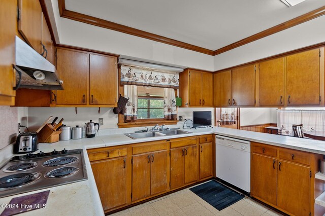 kitchen featuring white dishwasher, ornamental molding, sink, cooktop, and light tile patterned floors