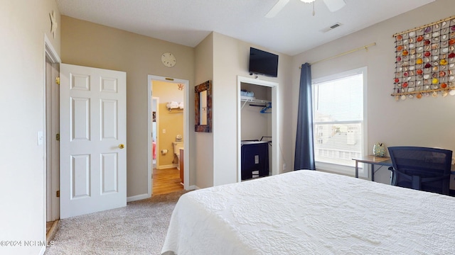 bedroom featuring carpet flooring, a closet, and ceiling fan