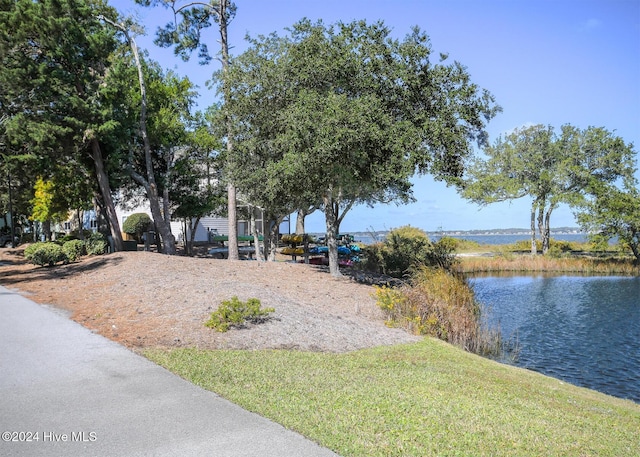 view of yard with a water view