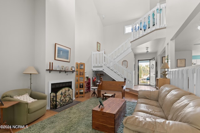 living room featuring light hardwood / wood-style floors and a high ceiling