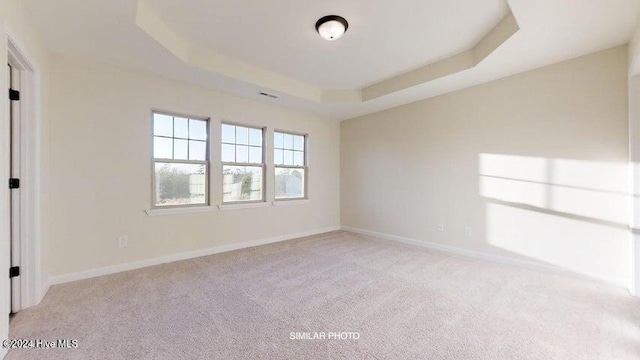 unfurnished room featuring light carpet and a tray ceiling