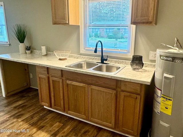 kitchen featuring sink, dark wood-type flooring, and water heater