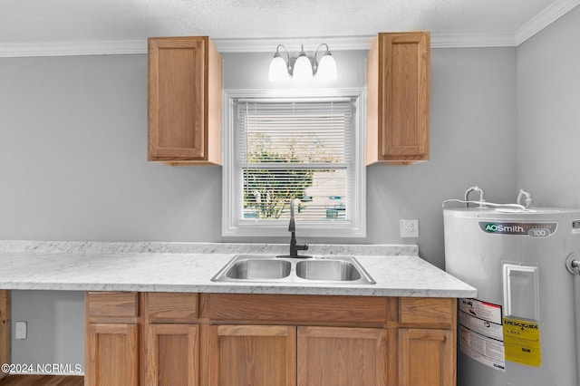 kitchen featuring electric water heater, crown molding, and sink