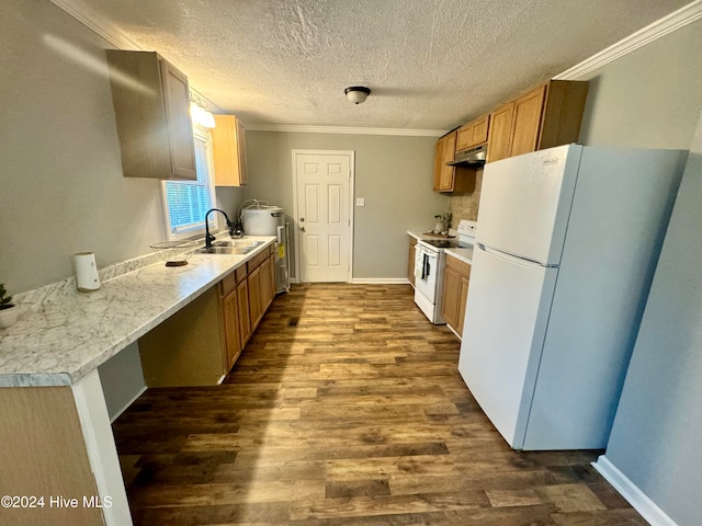 kitchen featuring a textured ceiling, white appliances, crown molding, dark wood-type flooring, and sink