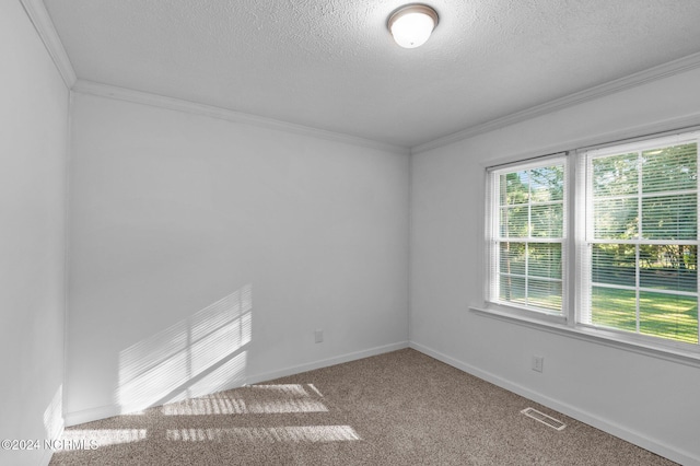 unfurnished bedroom featuring carpet, a closet, crown molding, and multiple windows