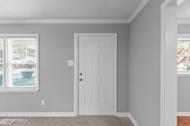 foyer featuring carpet, crown molding, and a textured ceiling