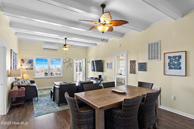 dining room featuring dark wood-style floors, a wall unit AC, visible vents, beamed ceiling, and baseboards