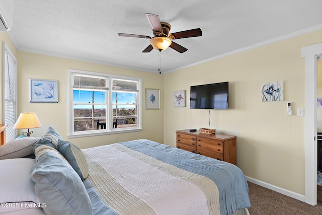 carpeted bedroom featuring baseboards, ceiling fan, a wall mounted air conditioner, and crown molding