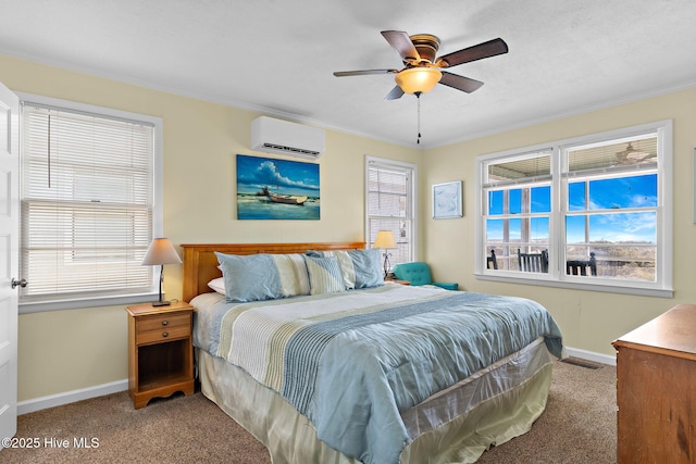 carpeted bedroom featuring a wall unit AC, baseboards, visible vents, and ceiling fan