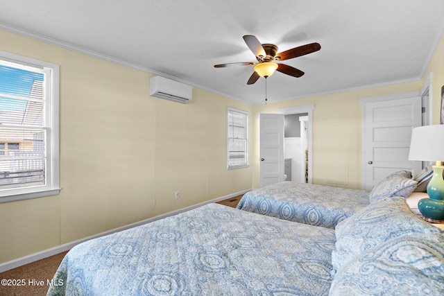 bedroom featuring a ceiling fan, a wall mounted air conditioner, crown molding, and baseboards