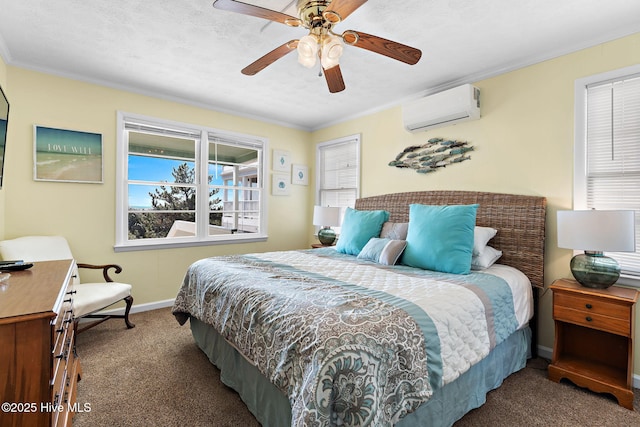 bedroom featuring ceiling fan, baseboards, a wall mounted AC, carpet, and crown molding