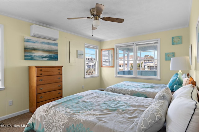 carpeted bedroom featuring baseboards, a wall unit AC, a ceiling fan, and crown molding