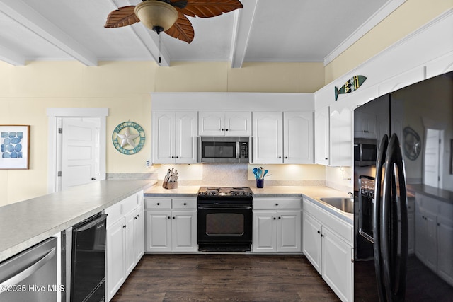 kitchen featuring beverage cooler, black appliances, beam ceiling, and white cabinetry