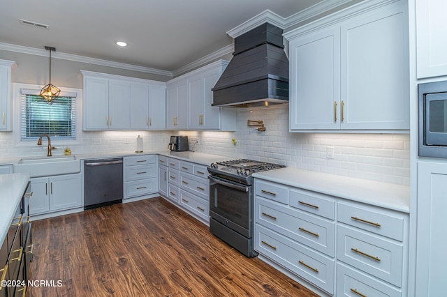 kitchen with premium range hood, appliances with stainless steel finishes, sink, and white cabinets