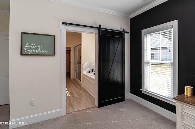 interior space with crown molding and a barn door