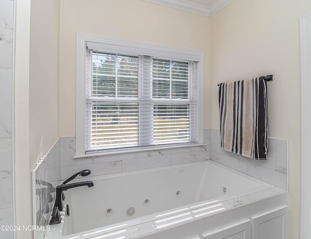 bathroom with a bathtub and ornamental molding