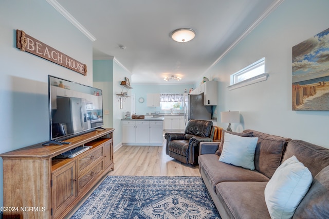 living room featuring ornamental molding and light hardwood / wood-style floors