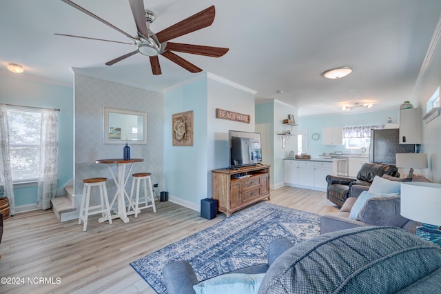 living room featuring ceiling fan, ornamental molding, and light wood-type flooring