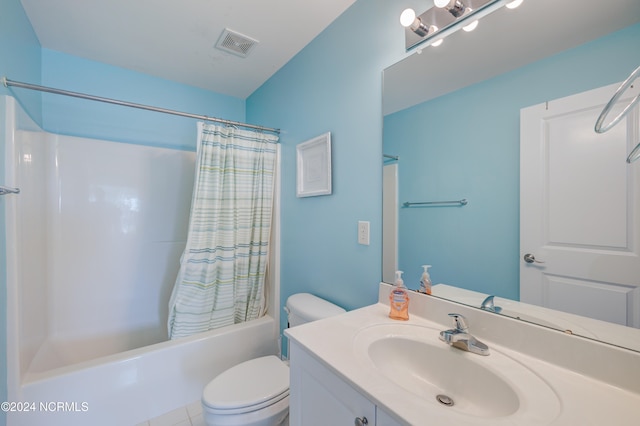 full bathroom with vanity, toilet, tile patterned floors, and shower / bathtub combination with curtain