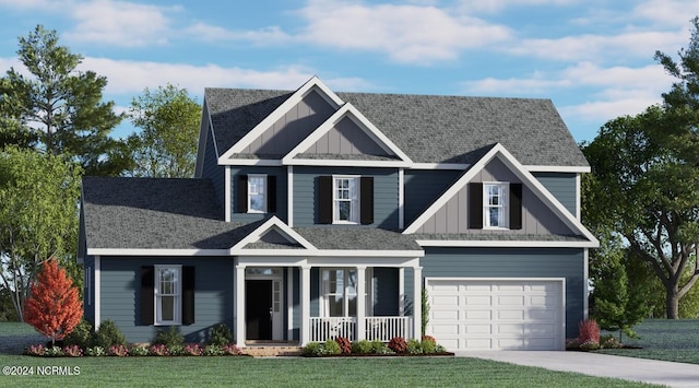 craftsman inspired home featuring a garage, a front lawn, and a porch