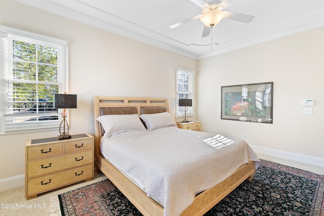 bedroom with ceiling fan and carpet flooring