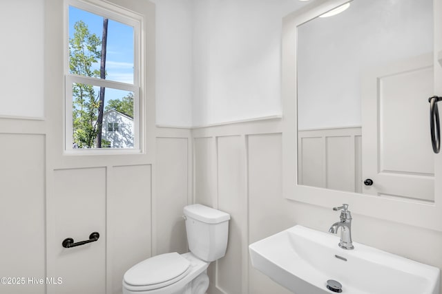 half bath with a decorative wall, toilet, a sink, and plenty of natural light