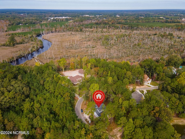 birds eye view of property featuring a view of trees and a water view