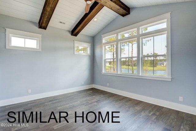 187 Spicer Lake Dr, Holly Ridge, NC 28445 - unfurnished room featuring visible vents, vaulted ceiling with beams, baseboards, and dark wood finished floors