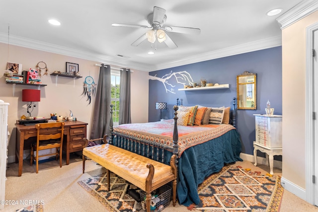 bedroom featuring ceiling fan, ornamental molding, and light colored carpet