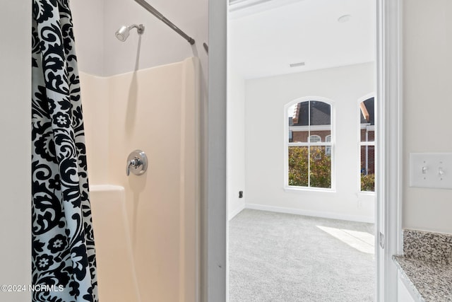 bathroom featuring vanity and walk in shower