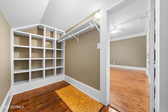 spacious closet with ceiling fan and wood-type flooring